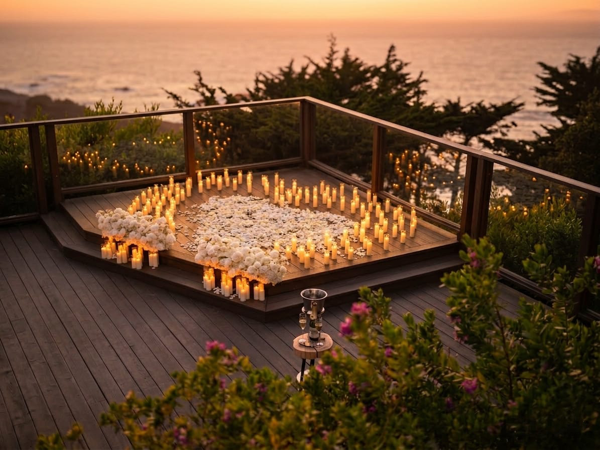 Heart of candles with petals at Hyatt Carmel Highlands romantic proposal setup