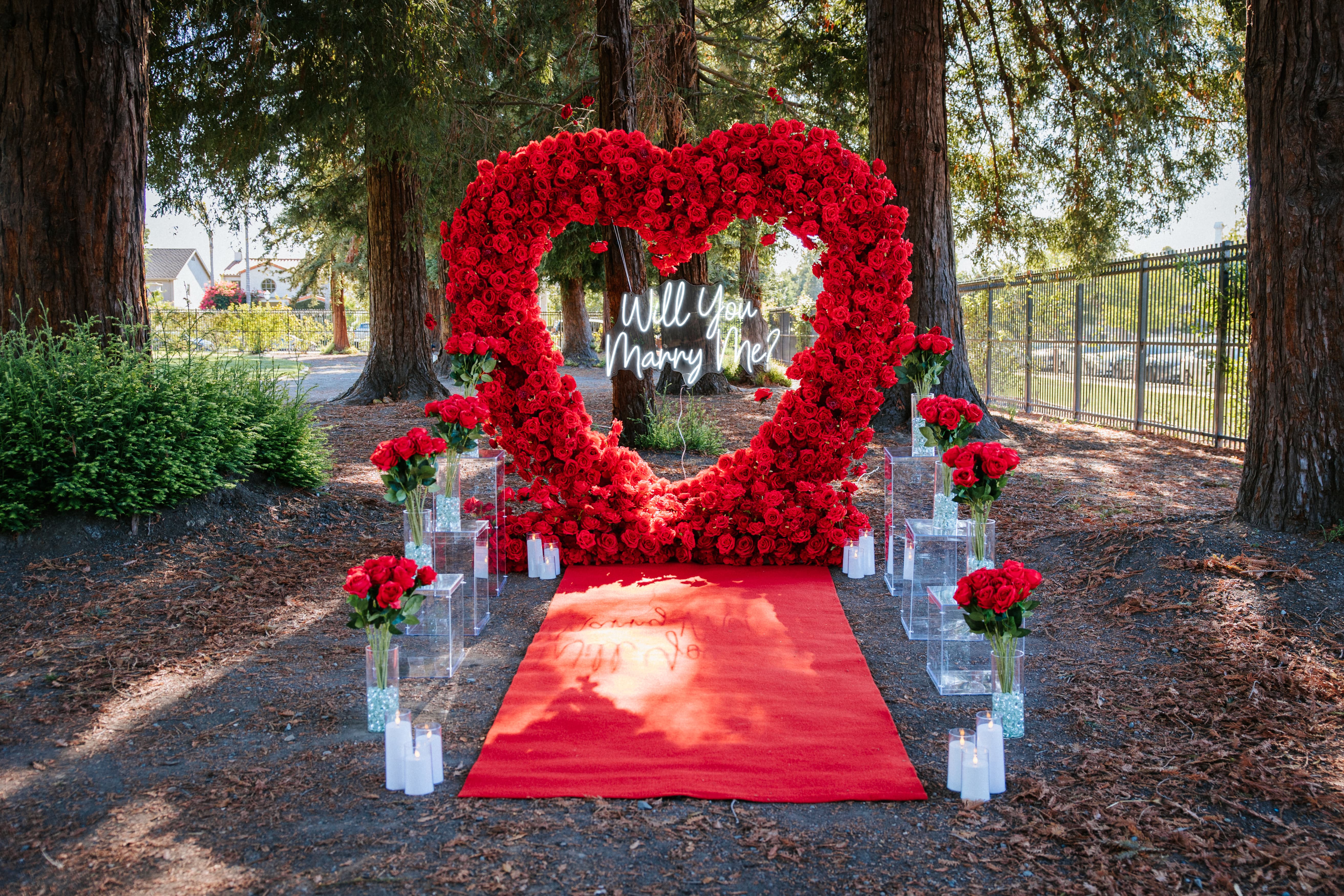 Romantic roses and candlelight proposal setup inspired by the San Jose Municipal Rose Garden