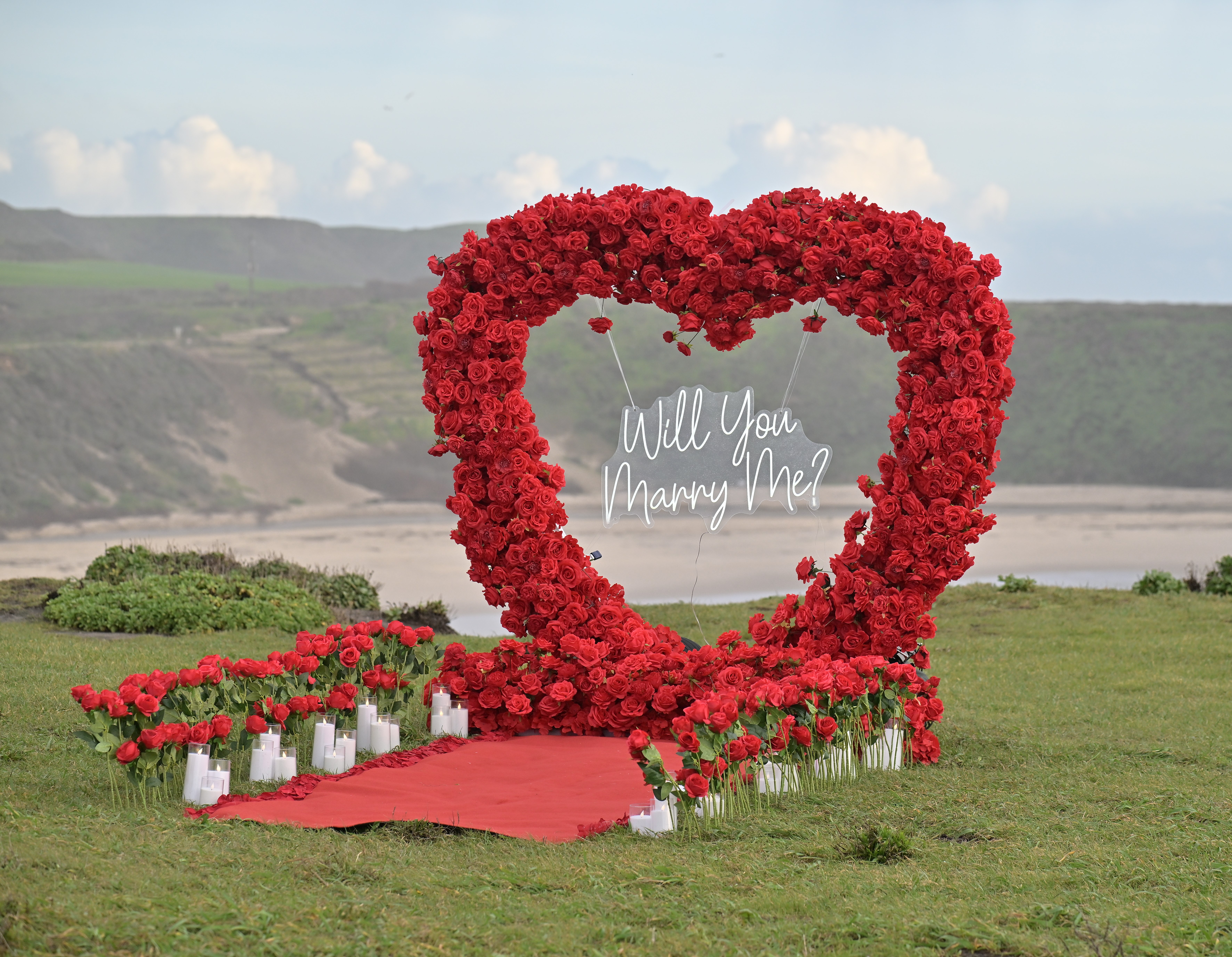 Grand floral arch proposal setup on the grassy bluffs at Shark Fin Cove, Davenport California