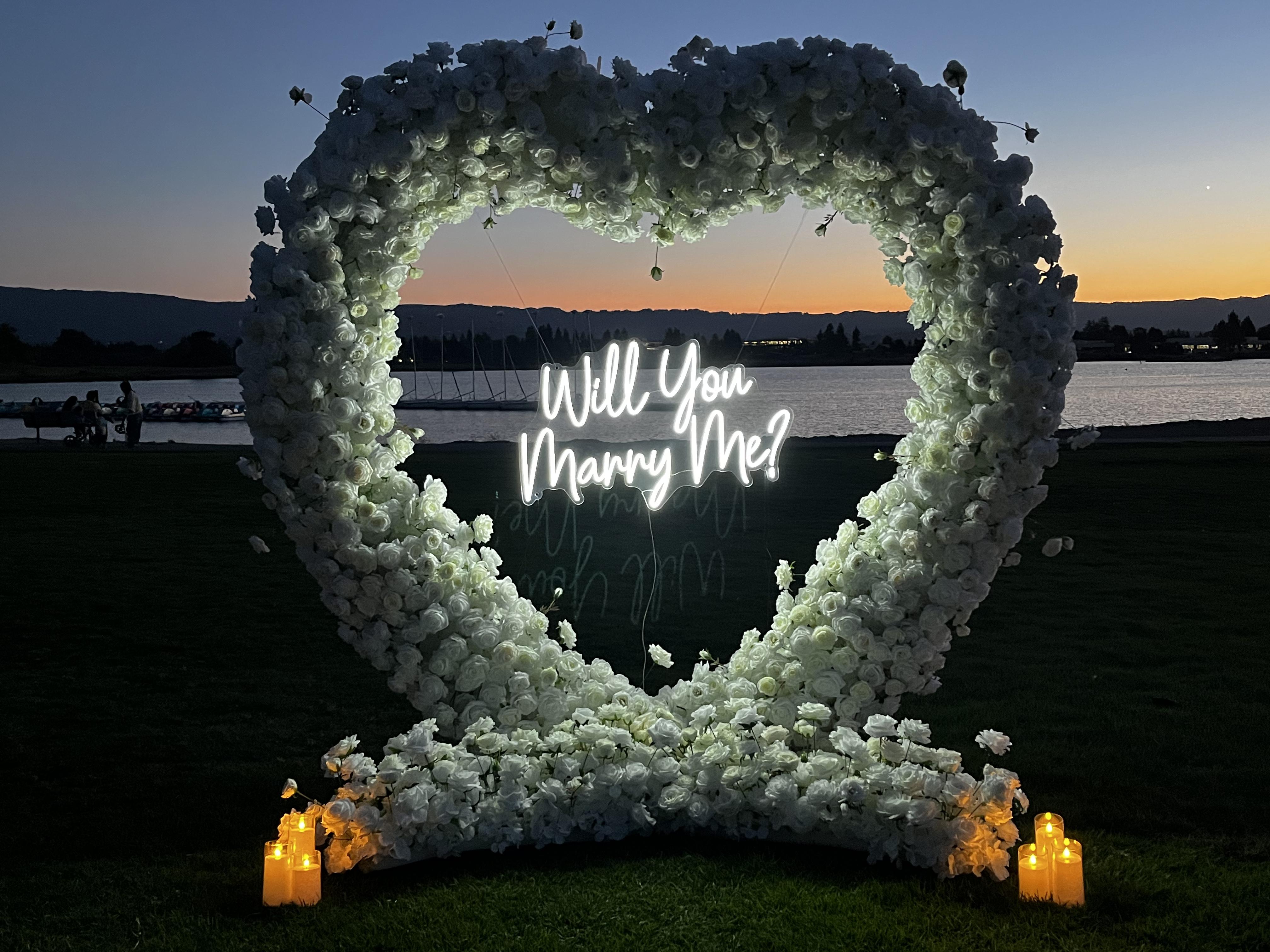 Proposal arch and candle setup at Shoreline Park, Mountain View, San Francisco Bay Area